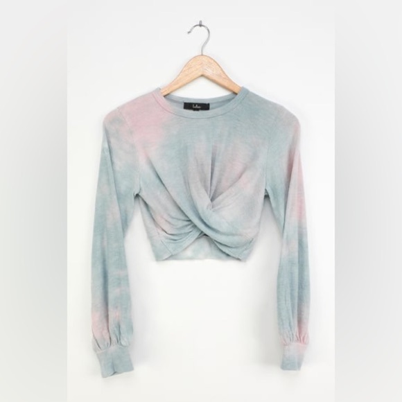 NWT - lulus - Blue Multi Tie-Dye Twist Front Cropped Long Sleeve Top - Picture 1 of 13